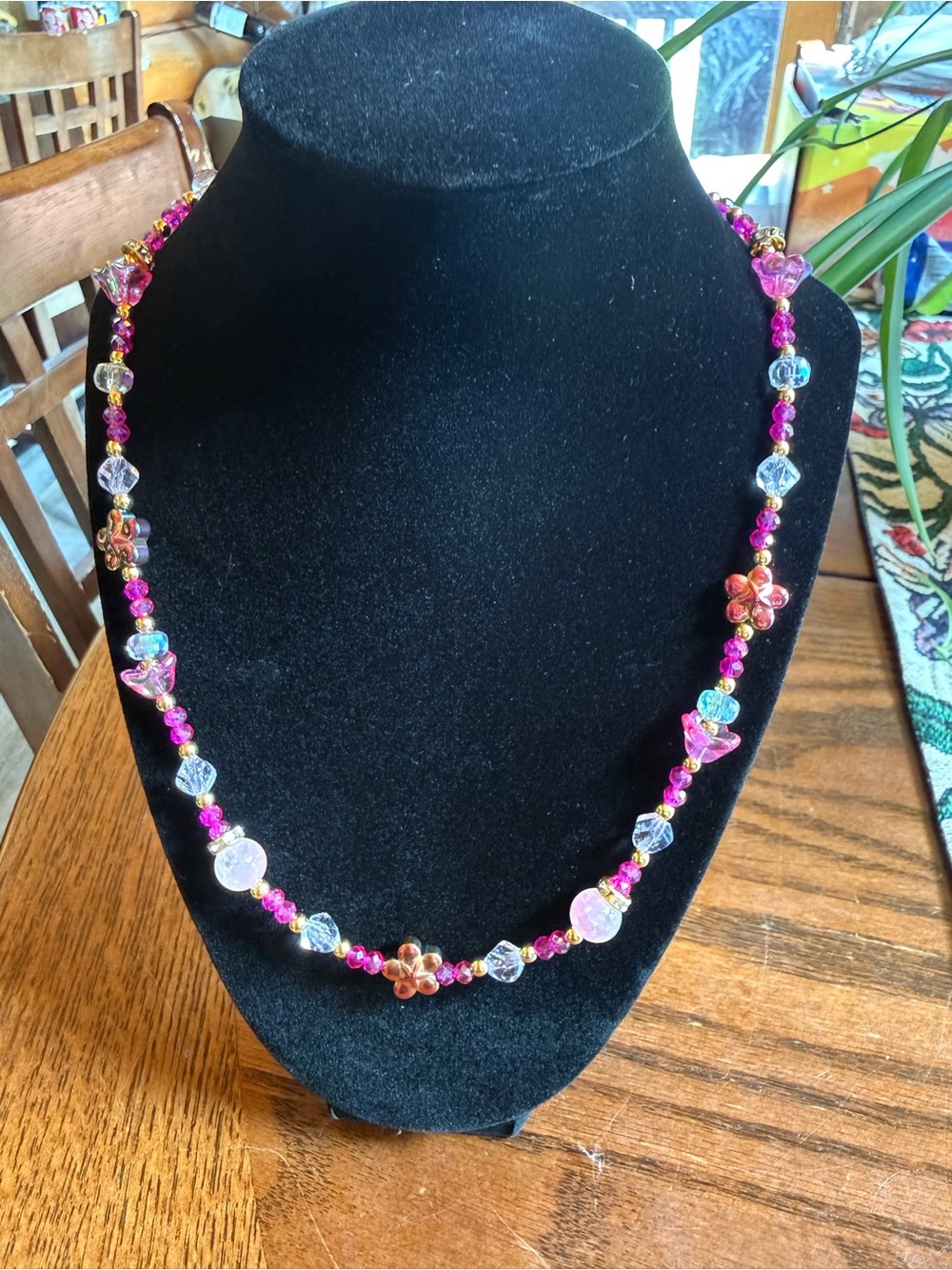 Handcrafted Pink Beaded  With Floral Accents Necklace